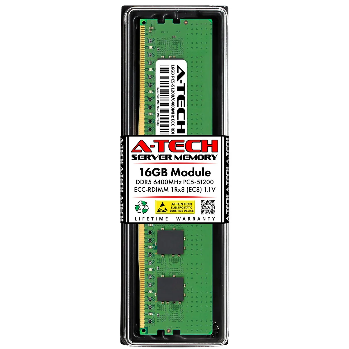 Green 288-pin DDR5 RDIMM module with black memory chips, no heat spreader
