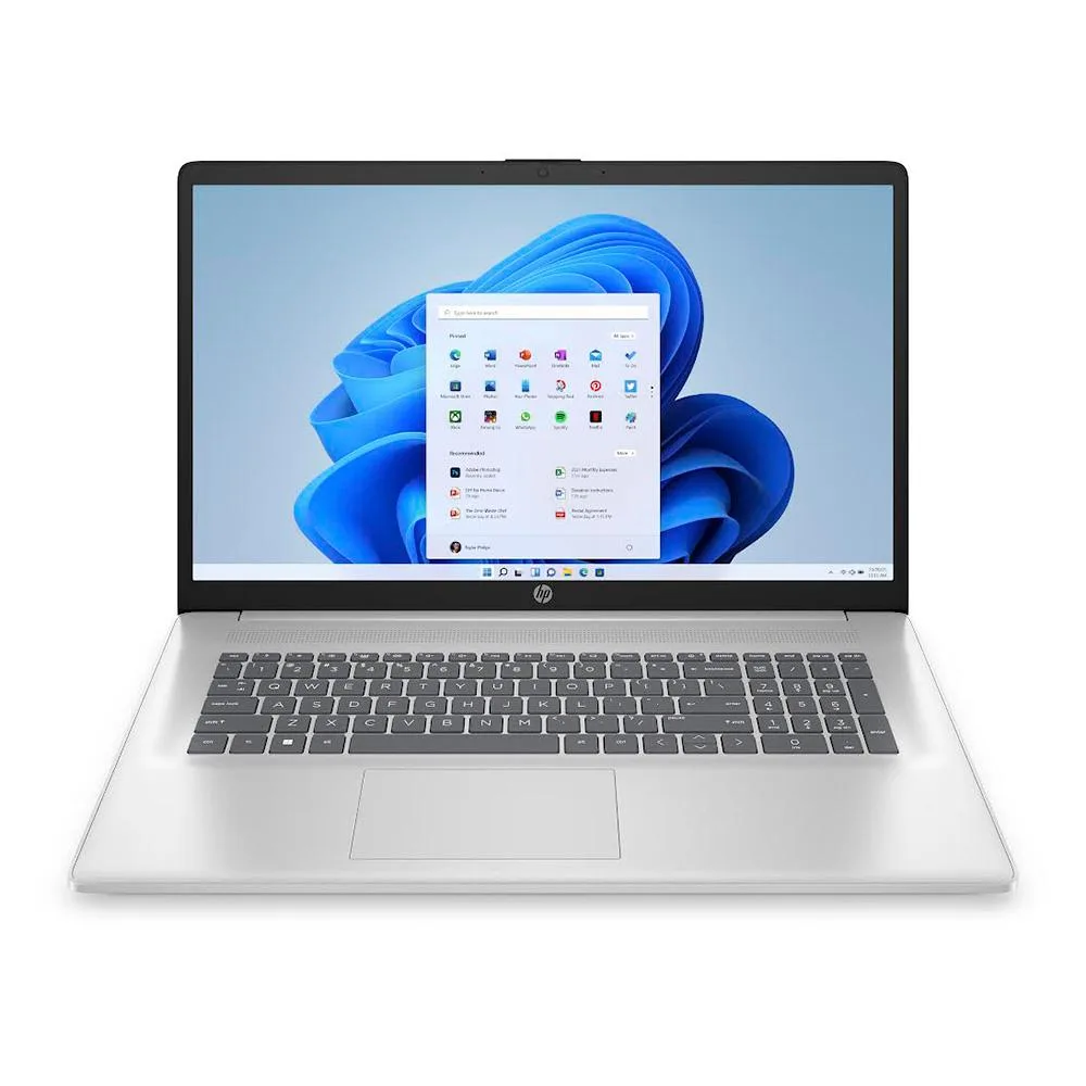 Silver 17.3-inch touchscreen laptop with narrow-bezel display and lift-hinge keyboard