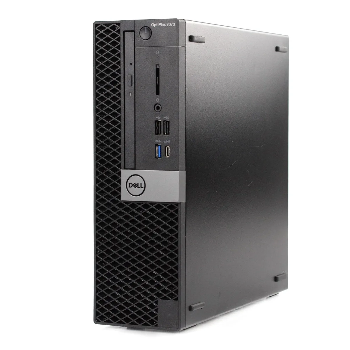 Black small form factor desktop tower, compact rectangular chassis with front USB and USB-C ports