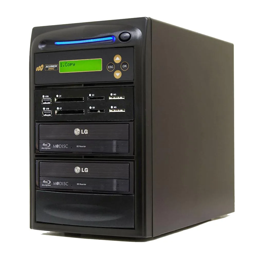 Standalone duplicator tower with card slots USB port and optical drive bay LCD display front panel