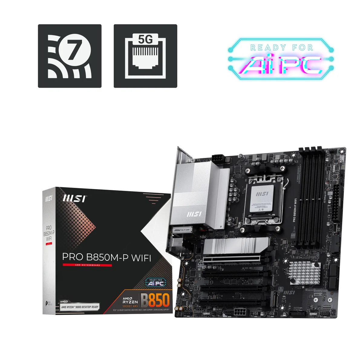 MSI PRO B850M-P WIFI motherboard, Micro ATX, dark PCB with silver heatsinks and rear I/O shield