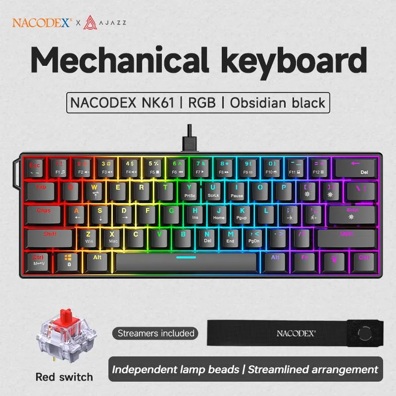 Compact 61-key black mechanical keyboard with RGB backlighting and USB-C cable