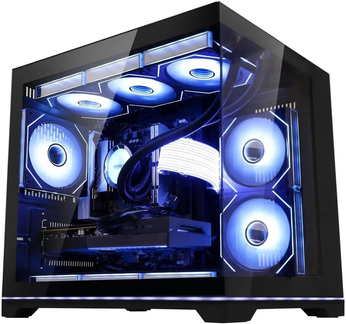Black mid-tower gaming desktop with ARGB fans and liquid cooler