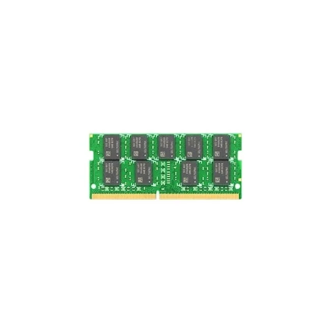 Green circuit board with black memory chips and gold edge contacts, compact SO-DIMM shape