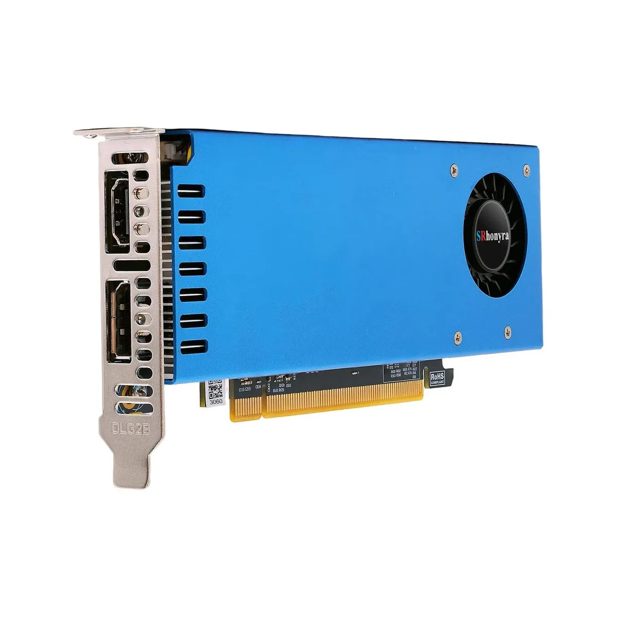 Blue low-profile graphics card, single-slot cooler with one fan, full-height and half-height brackets included