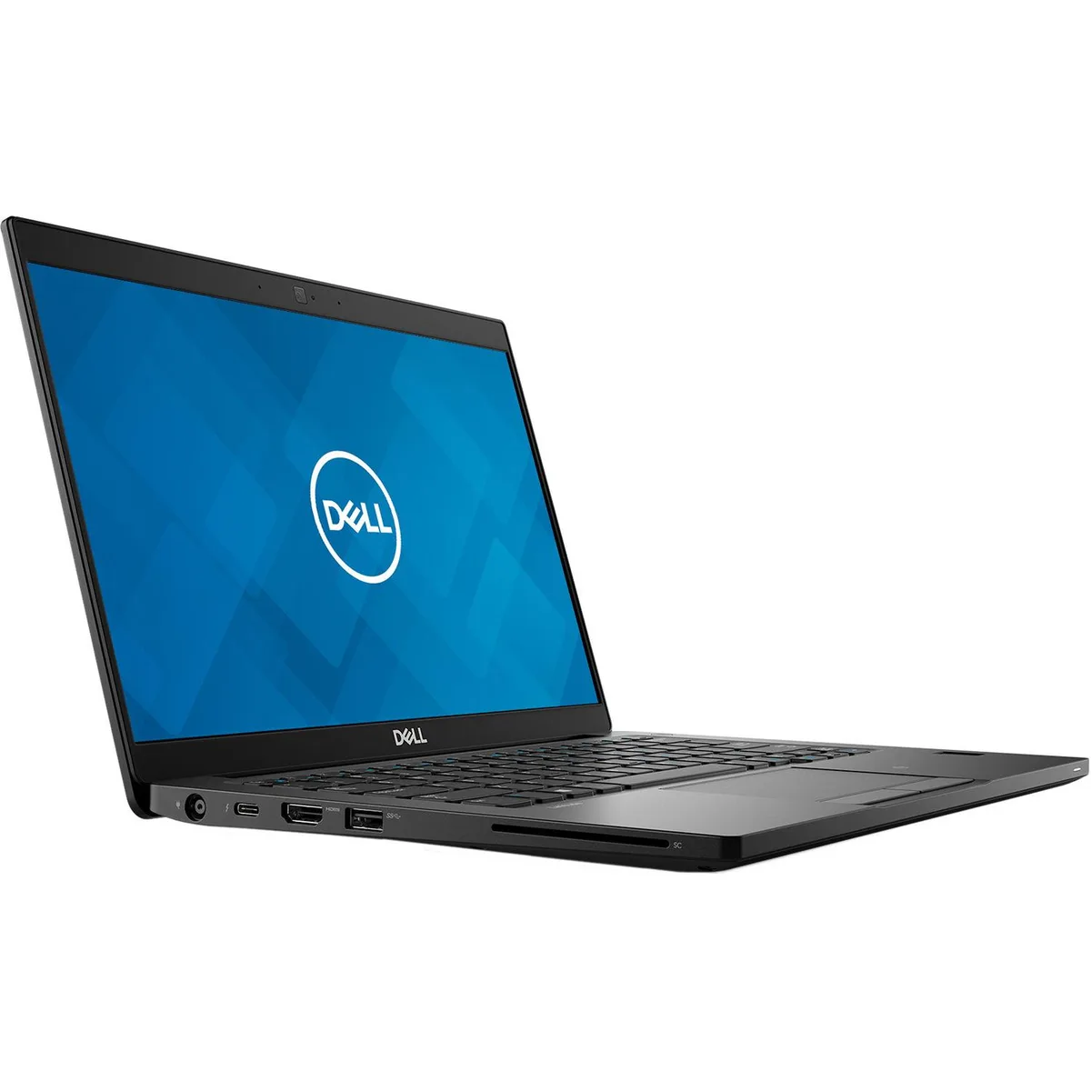 Black Dell Latitude 7390 2-in-1 13.3 inch FHD touchscreen convertible laptop with backlit keyboard and silver logo on lid