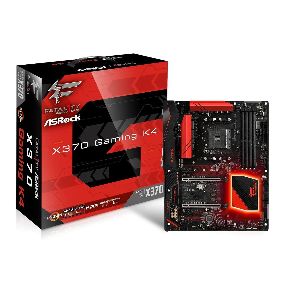 Black ATX motherboard with red and silver heatsinks and Fatal1ty branding
