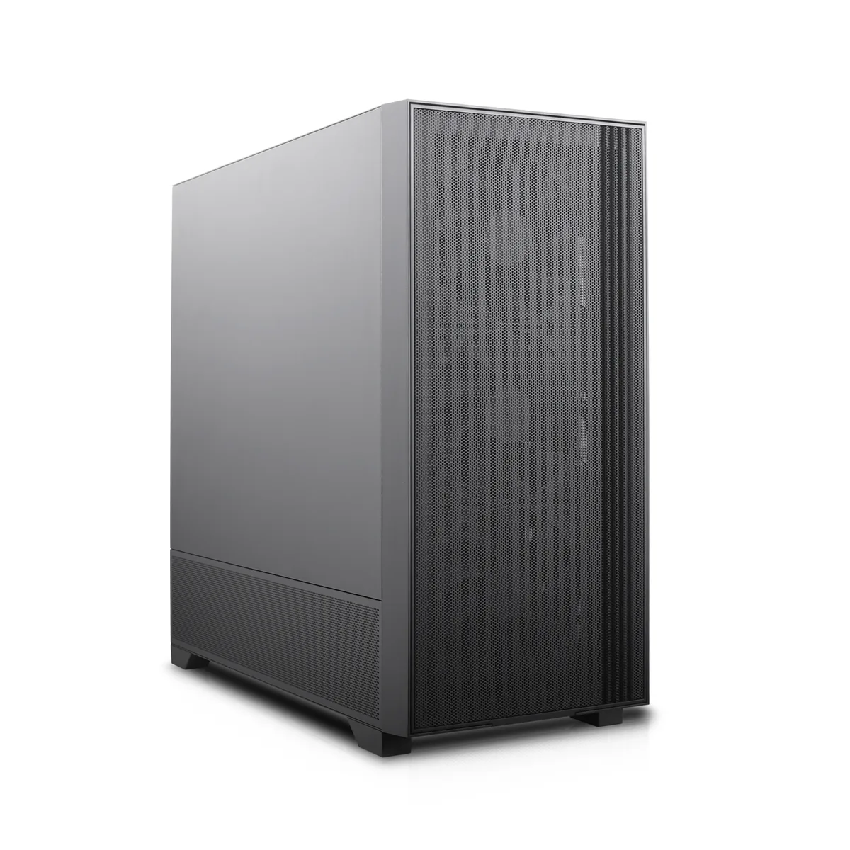 Black ATX mid-tower case with mesh front panel and tempered glass side panel