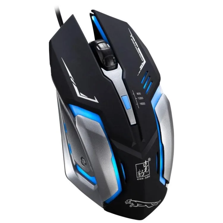 Black wired gaming mouse with symmetrical ergonomic shape, brushed stainless steel base, 1.3m cable