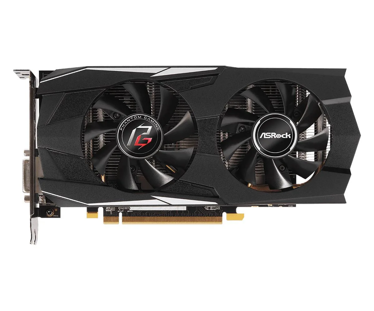 ASRock Radeon RX 580 dual-fan graphics card with black metal shroud and backplate