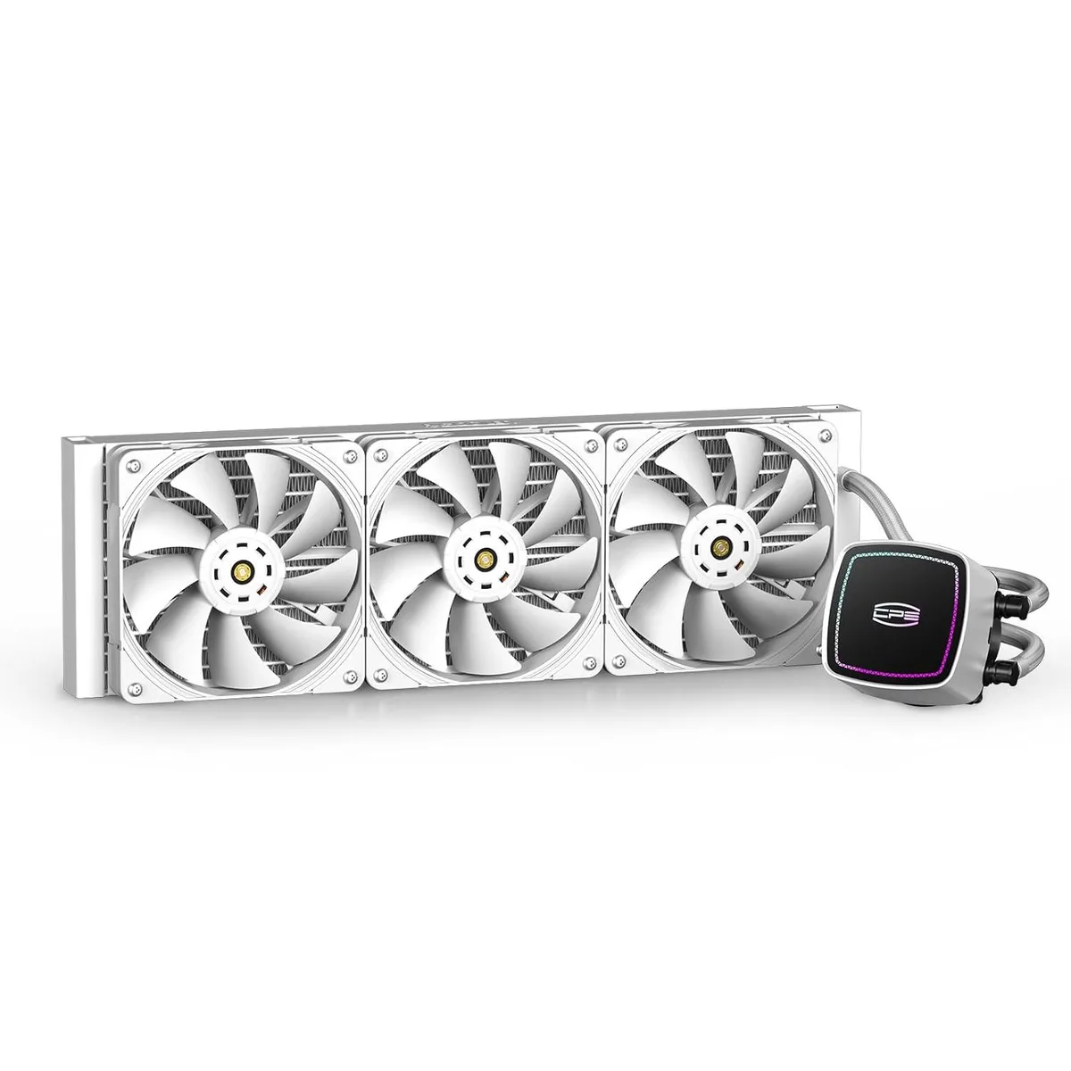 White 360 mm AIO liquid cooler with dual pump and ARGB fans