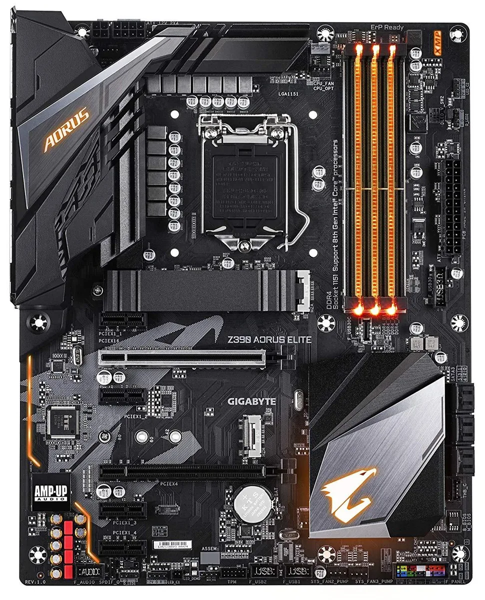 ATX motherboard in matte black with silver heatsinks and AORUS branding