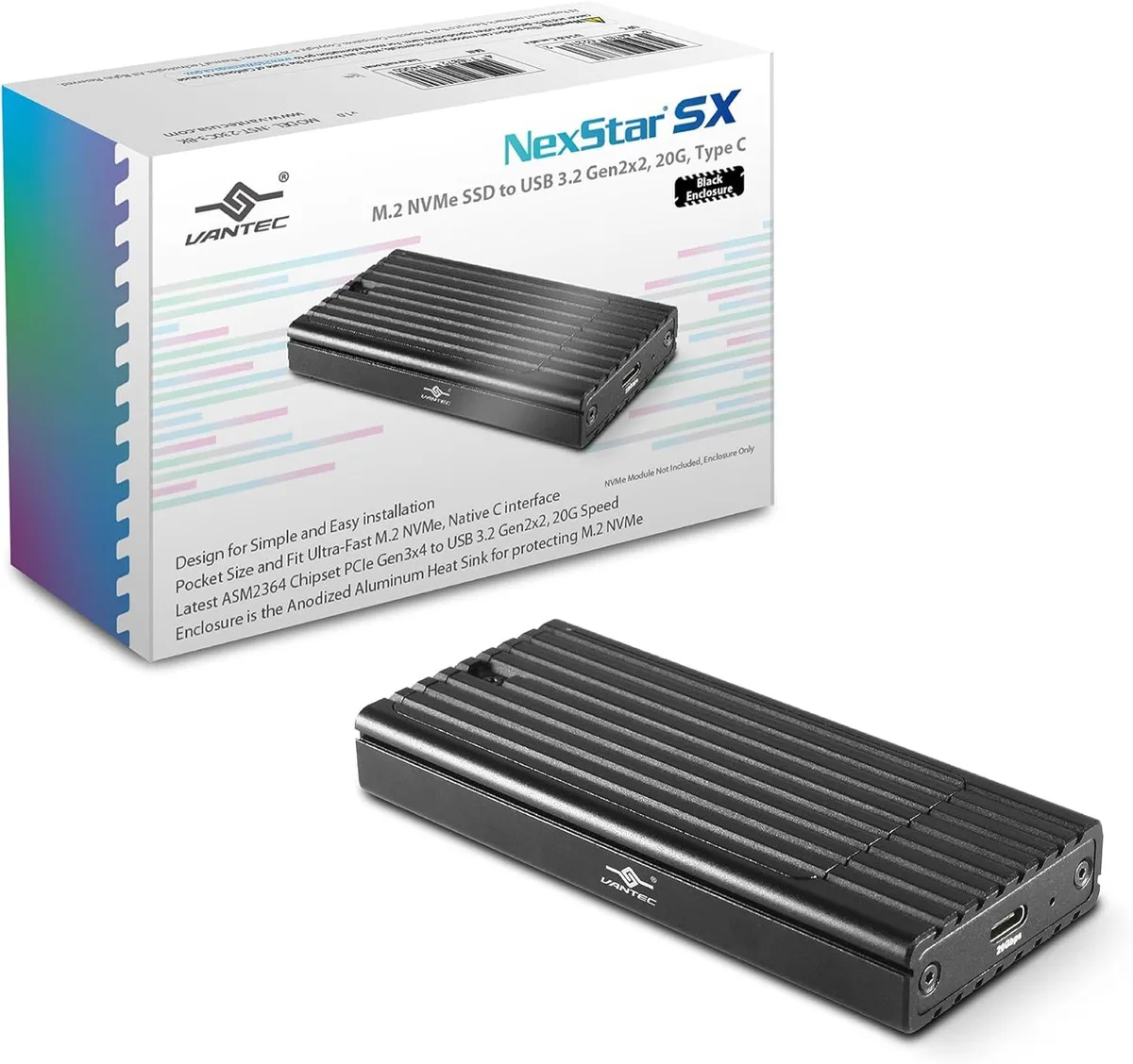 Black anodized aluminium M.2 NVMe enclosure with USB-C cable