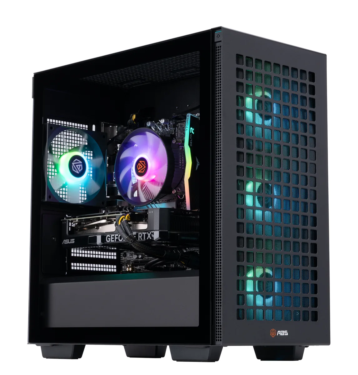 Black mid-tower gaming desktop with RGB air cooler visible through side panel