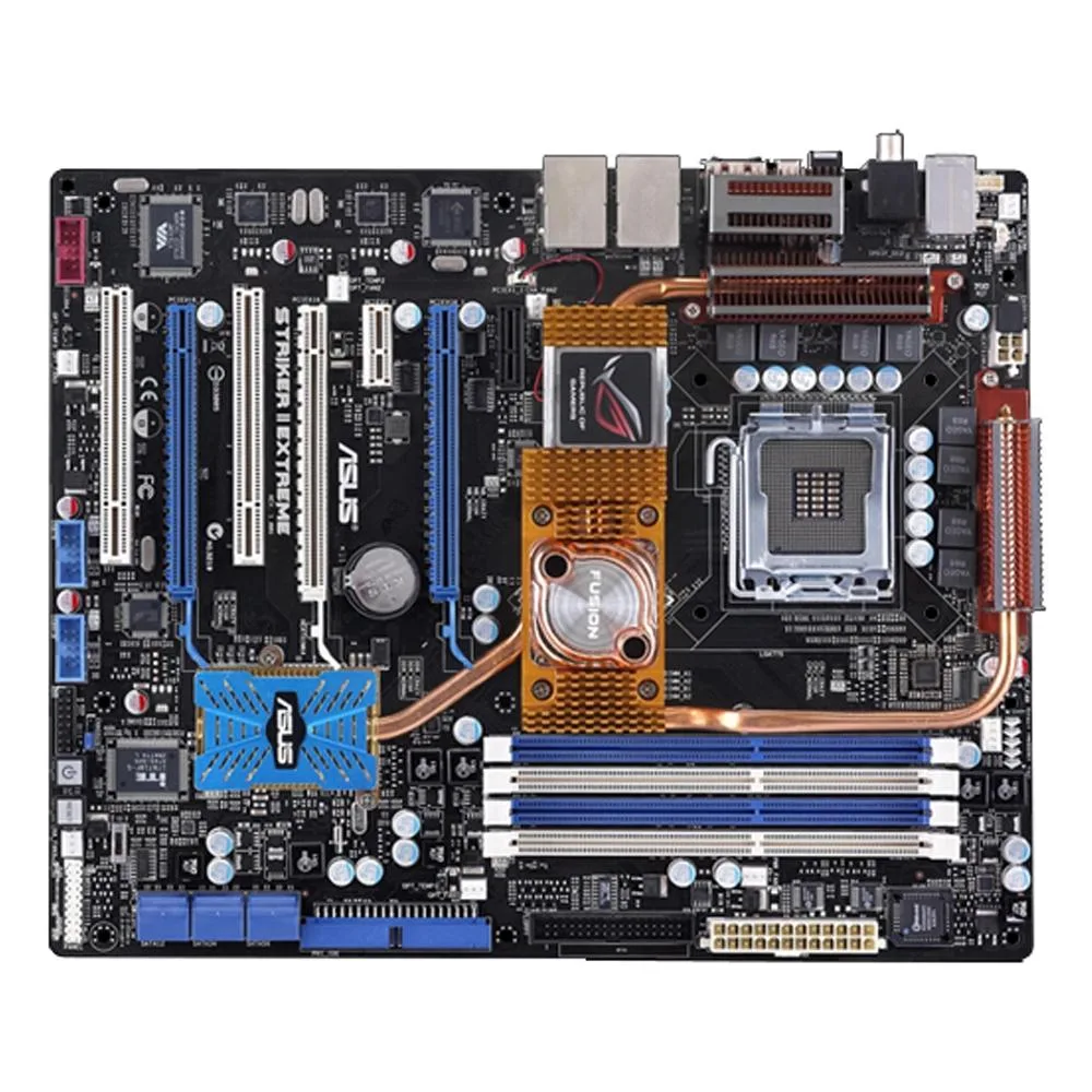 ATX motherboard, dark PCB with silver heatsinks and LGA 775 socket