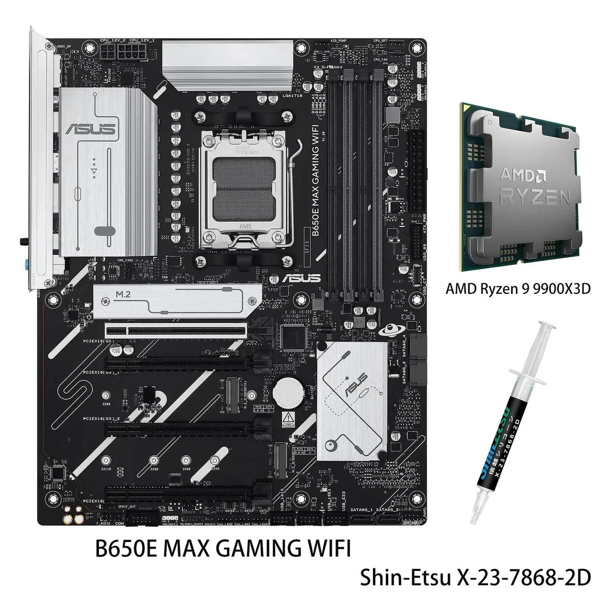 ATX motherboard in dark finish with large VRM heatsinks, three M.2 shields, pre-mounted I/O shield and bundled Ryzen 9 9900X3D CPU