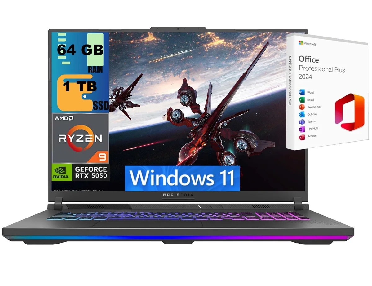 Black 18-inch gaming laptop with non-touch FHD+ display and backlit keyboard