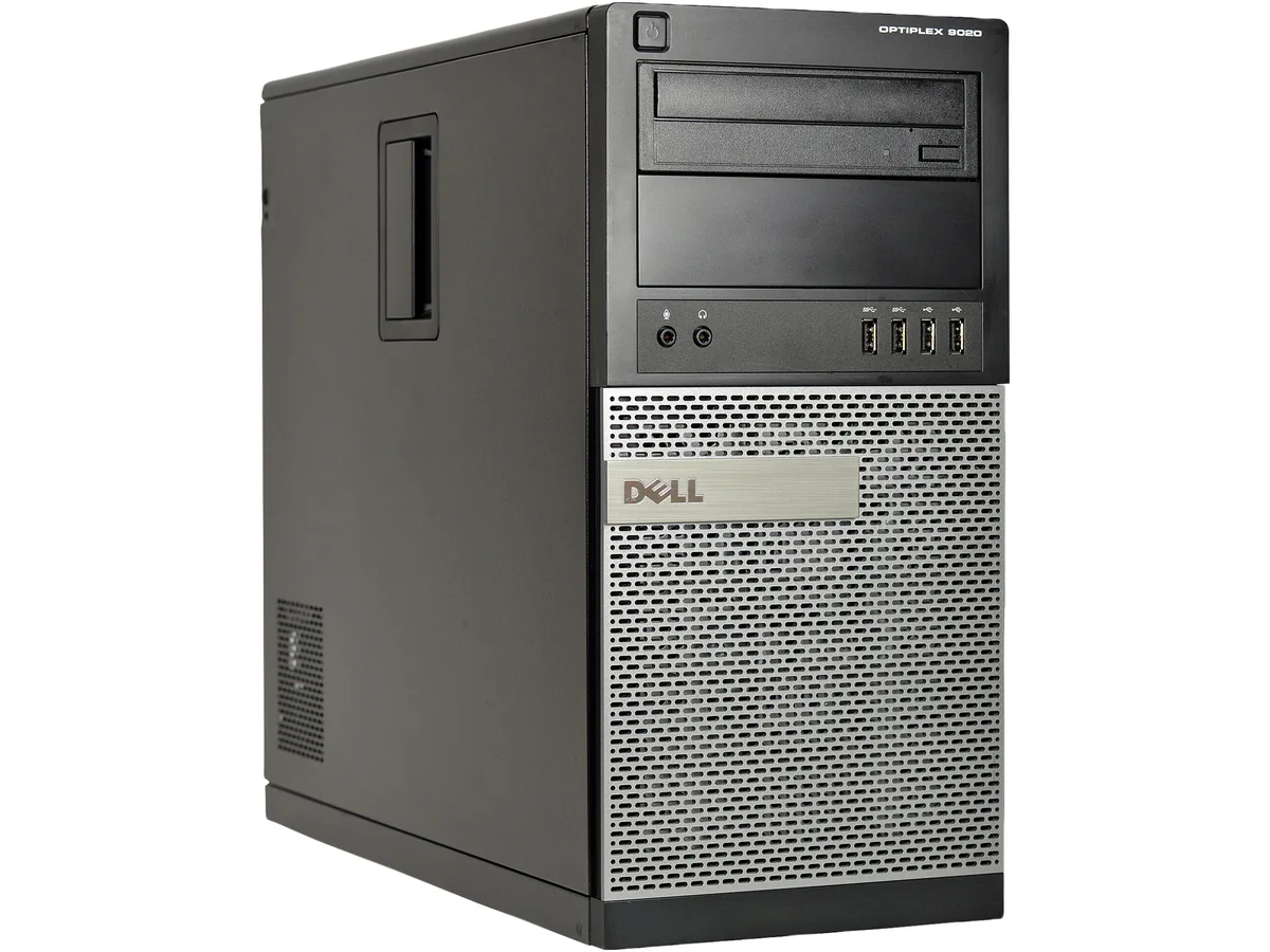 Black mid-tower desktop PC with DVD drive and front USB ports