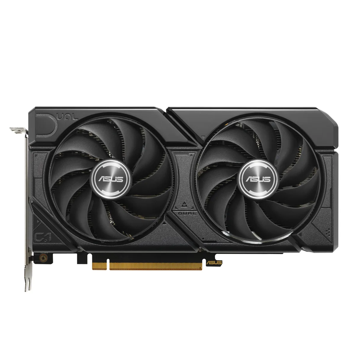 Black dual-fan graphics card with silver accents, ATX form factor, two-and-a-half slot width