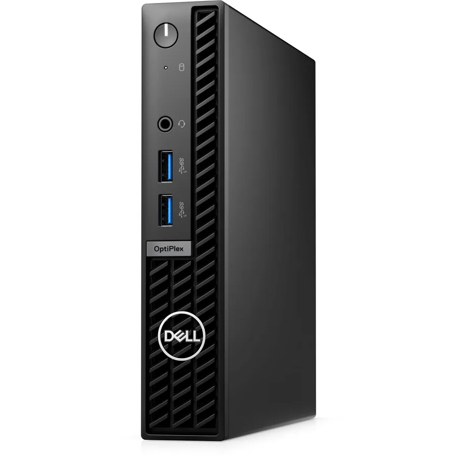 Small matte-black desktop box with wireless keyboard and mouse
