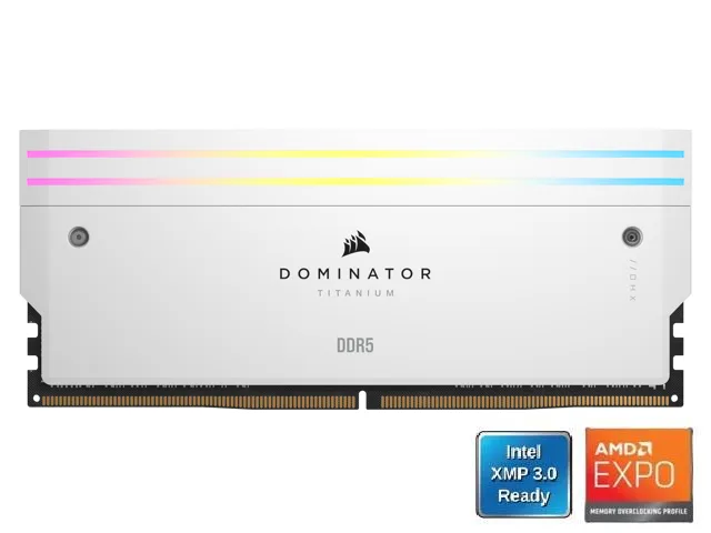 Two white DDR5 modules with forged aluminium heat spreaders and 11 RGB LEDs each