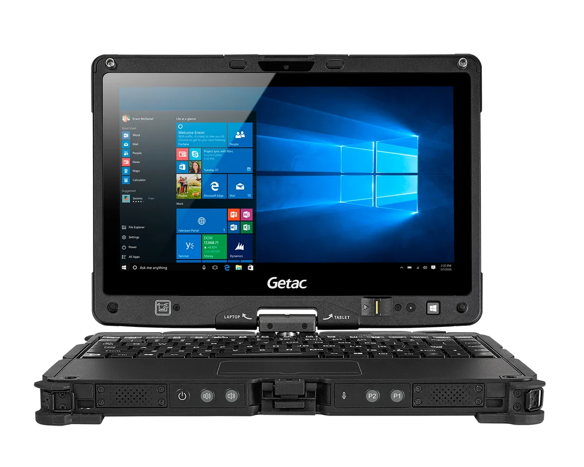 Black Getac V110 G5 laptop, 11.6 inch touchscreen, rugged chassis, closed lid, front view