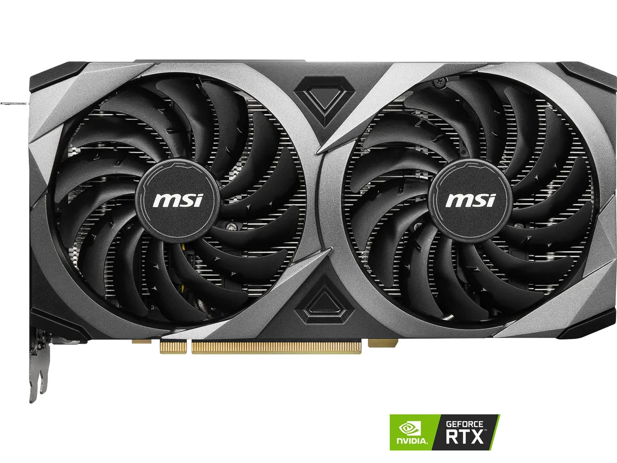 MSI Ventus RTX 3060 Ti graphics card, dual-fan cooler, dark finish, two 8-pin power connectors, HDMI and three DisplayPort outputs