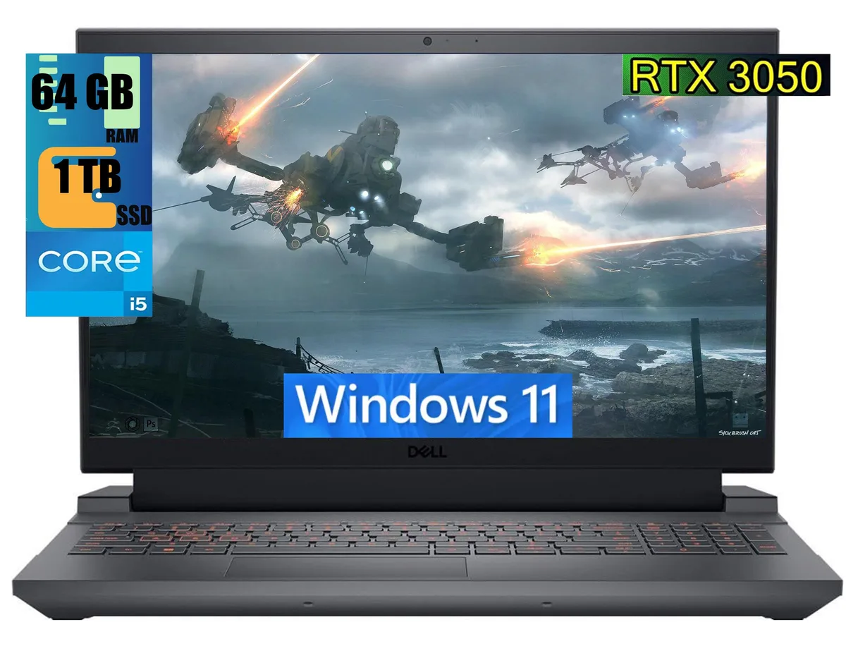 Black Dell G15 5530 gaming laptop with 15.6 inch screen and backlit keyboard