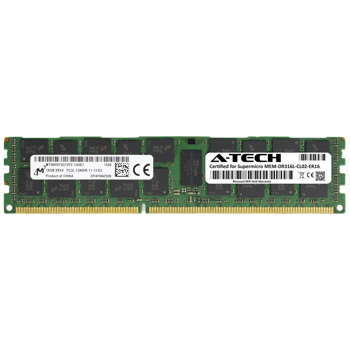 Green rectangular DDR3L RDIMM module with black memory chips and gold 240-pin edge connector