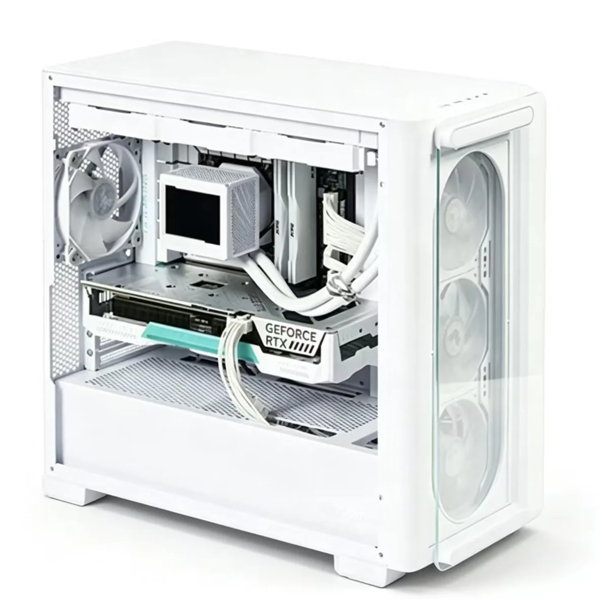 White micro-ATX case with floating tempered glass front panel, steel frame, top I/O ports visible