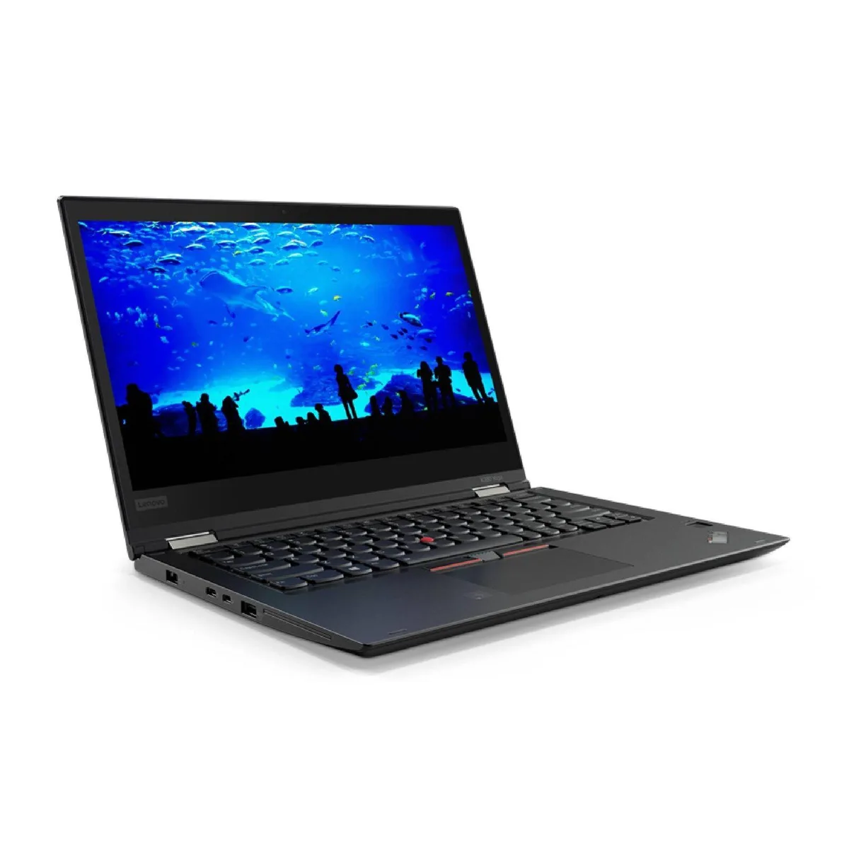 Silver 13-inch convertible laptop with yoga hinge, matte finish, keyboard visible