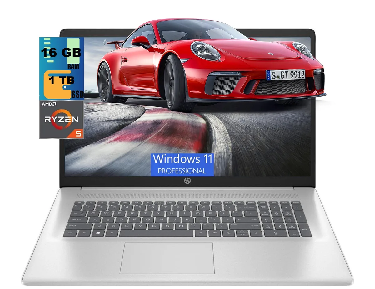 Silver HP 17 laptop with 17.3 inch FHD display, closed clamshell form factor