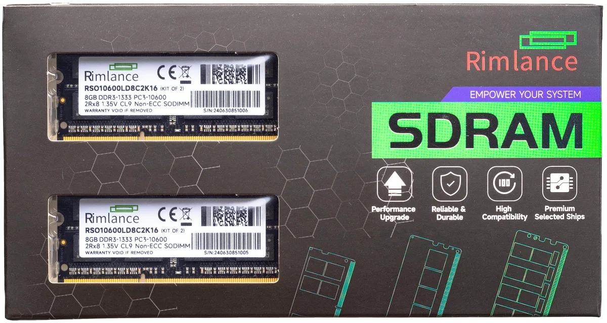 RIMLANCE RIMLANCE RSO10600LD8C2K16 16GB (2x8GB) DDR3 1333MHz 1.35V 204-Pin SODIMM — 商品写真