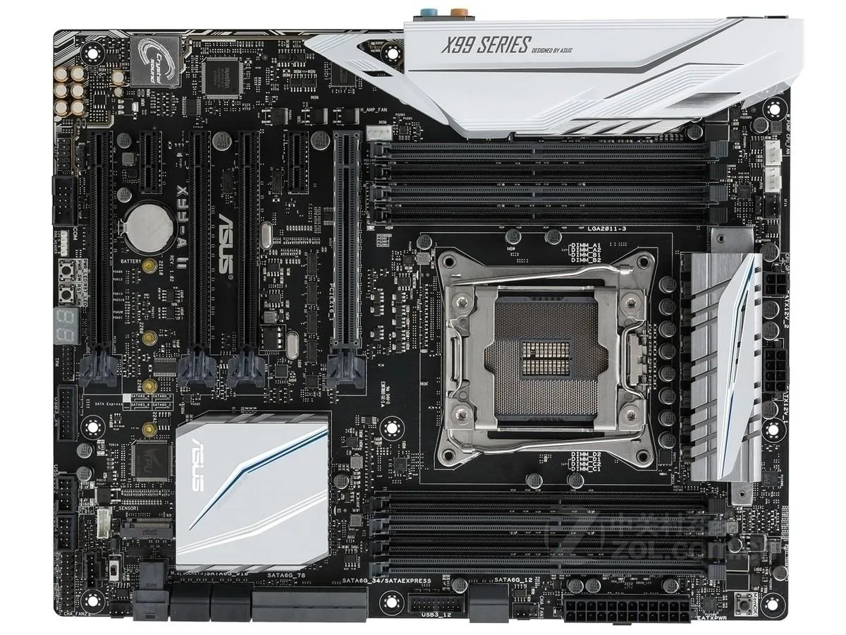 ASUS X99-A II ATX motherboard with black PCB and silver heatsinks