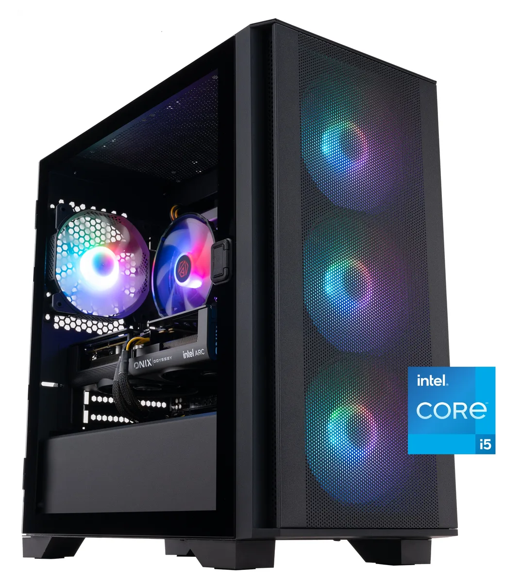 A micro-ATX tower with ARGB lighting and side panel window