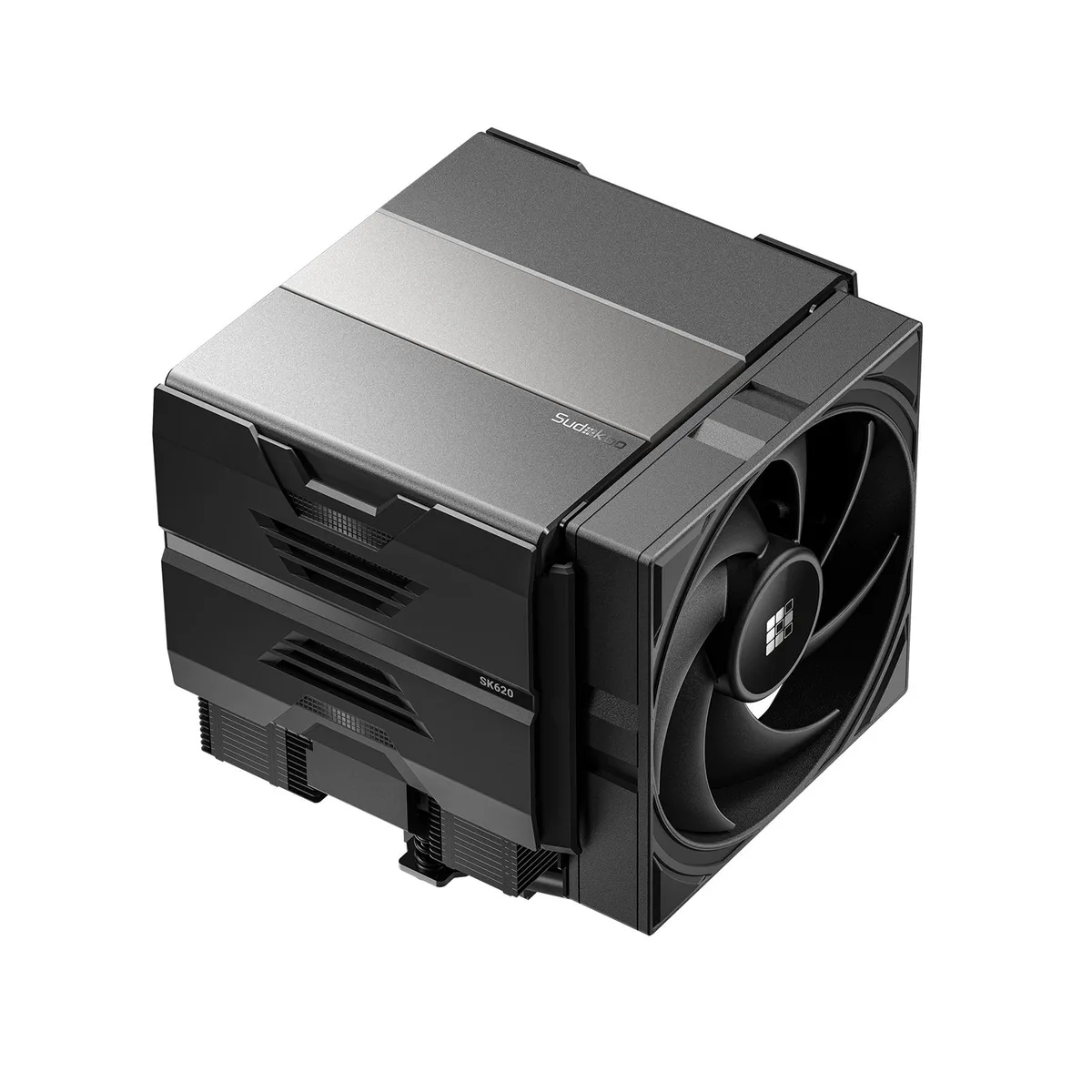 All-black dual-tower CPU cooler with six heat pipes and two 120mm fans
