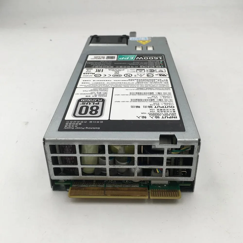 Silver rectangular server power supply unit with rear fan grille and power socket