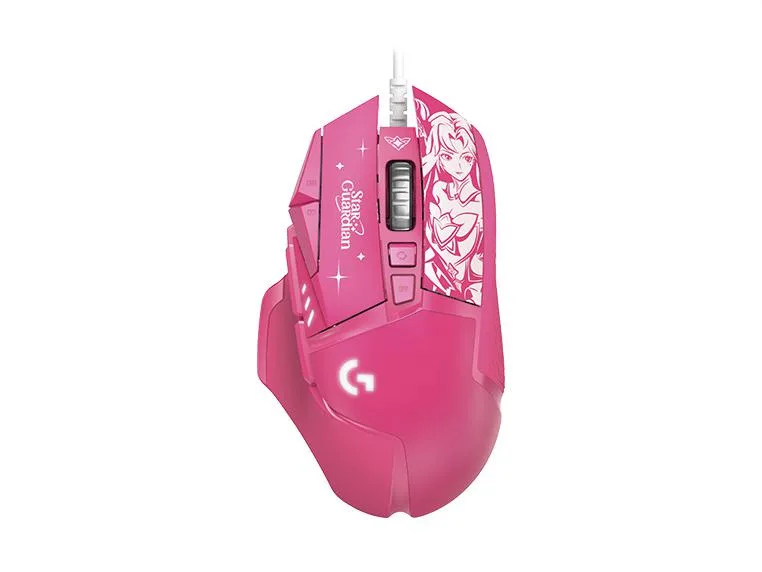 Purple ergonomic gaming mouse with textured side grips and customizable weights
