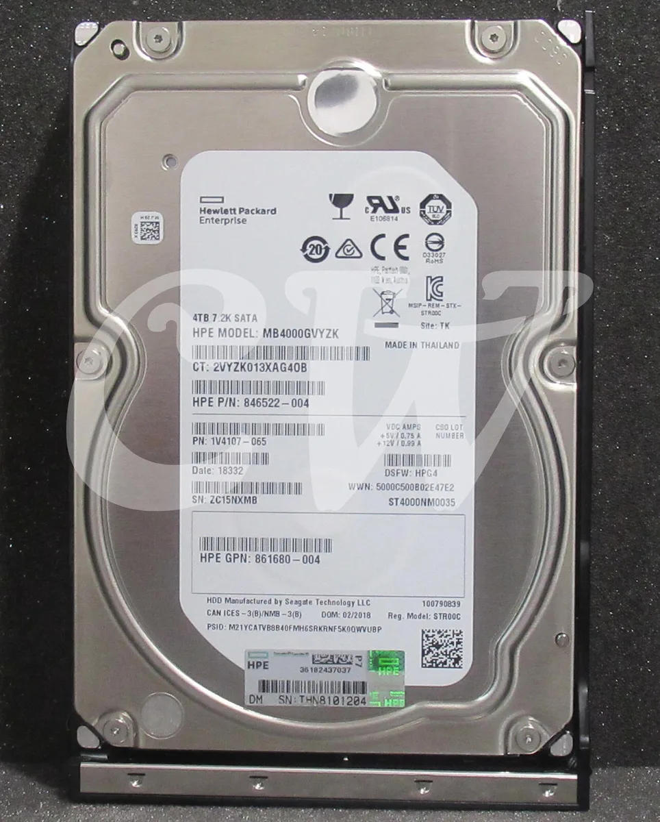 Silver 3.5 inch SATA hard drive with label showing 4TB capacity