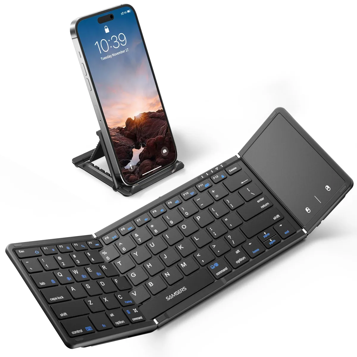 Black foldable Bluetooth keyboard with integrated touchpad, PU leather finish, scissor-switch keys