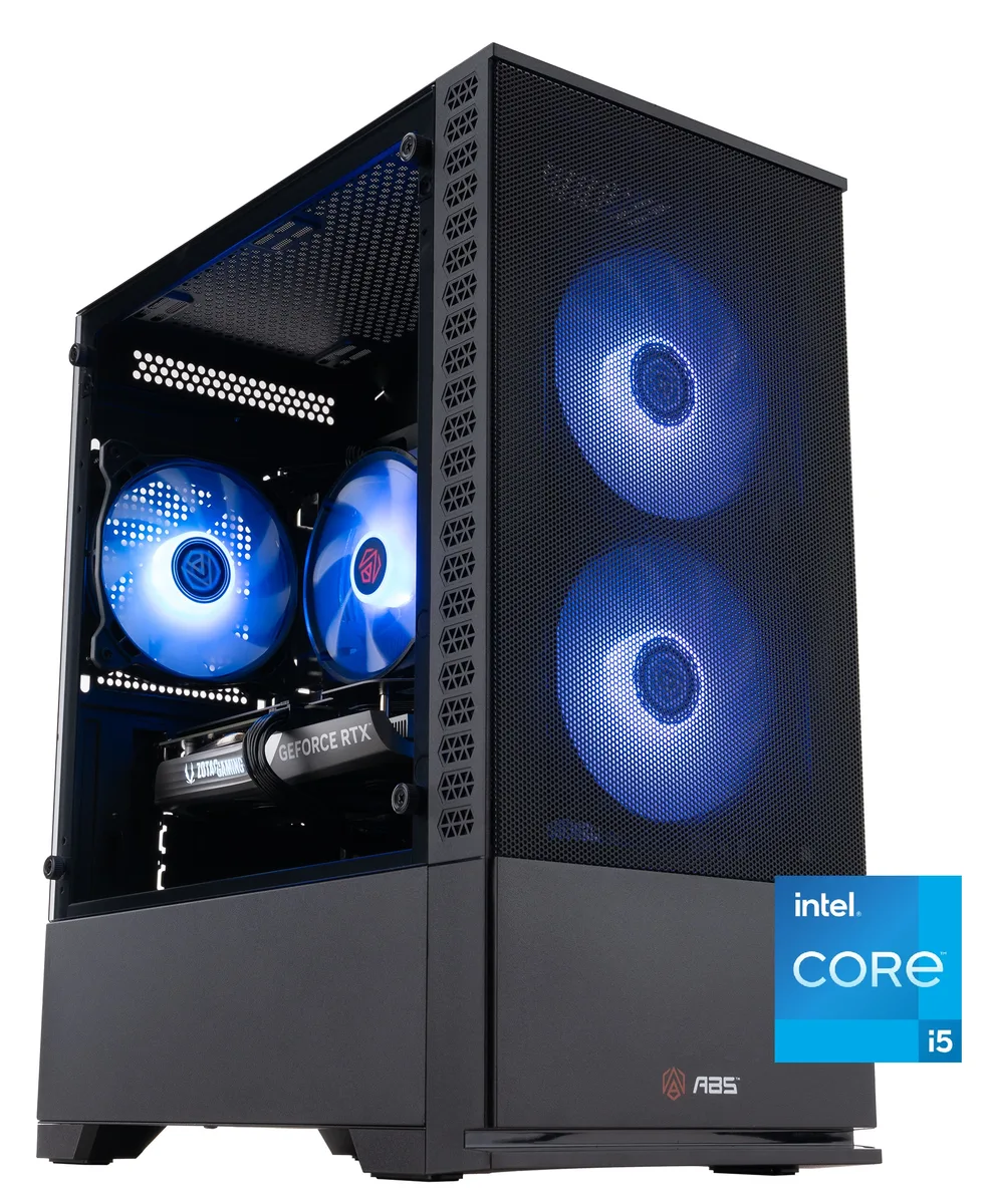 Black mid-tower gaming desktop with ARGB cooling visible through side panel