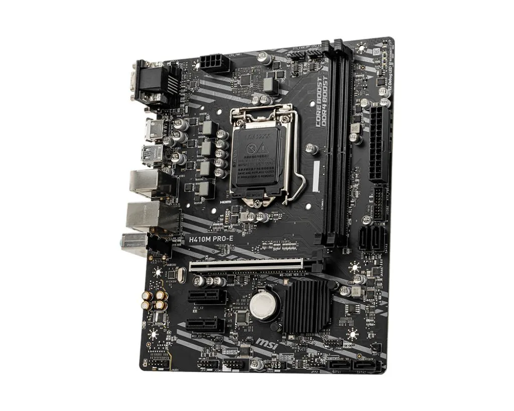 Green micro-ATX motherboard with silver PCIe slots and black memory slots, rear I/O panel showing HDMI DVI VGA USB ports