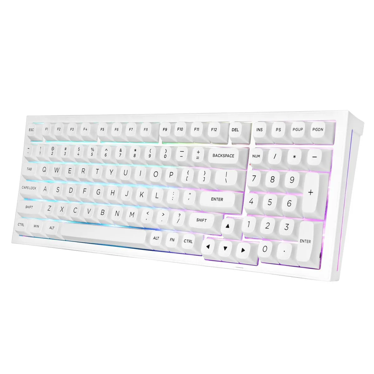 White 99-key wireless mechanical keyboard with RGB backlighting, compact rectangular shape, plastic and metal construction