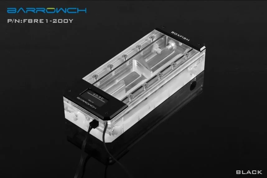 Rectangular black acrylic reservoir with OLED screen and RGB lighting, 200mm long