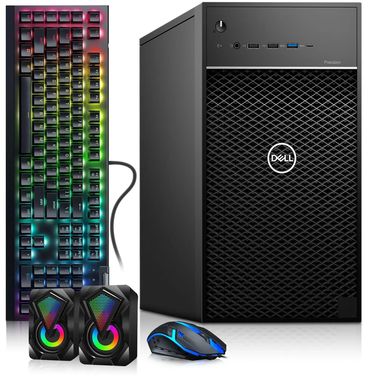 Black Dell Precision 3630 tower desktop with RGB keyboard mouse and speakers