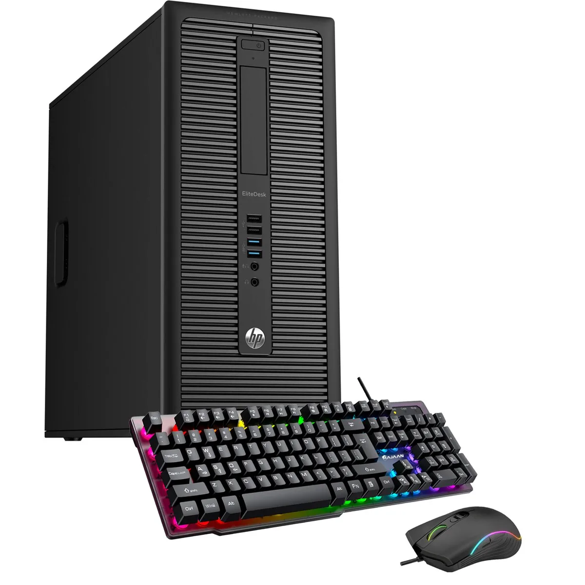 Black HP EliteDesk 800 G1 tower desktop with wired keyboard and mouse