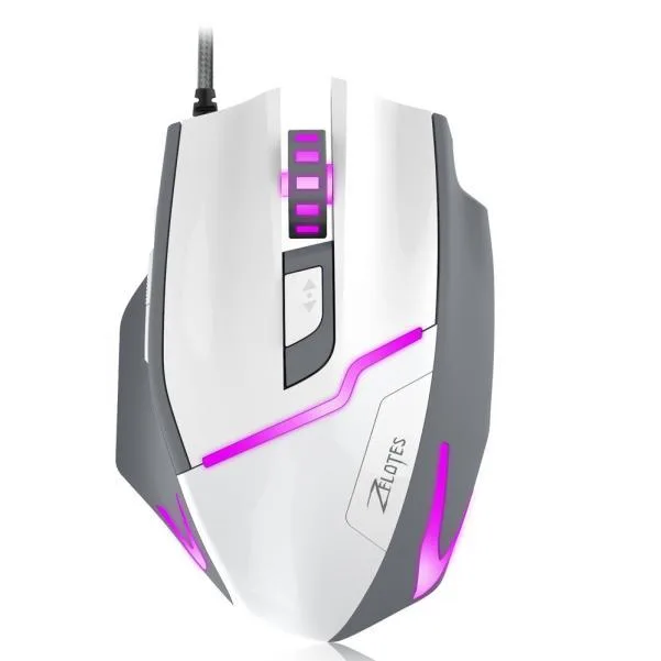 White wired gaming mouse with ergonomic right-handed shape and seven buttons