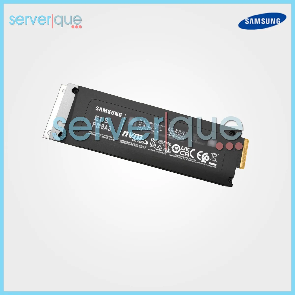 Rectangular E1.S SSD with silver label, 33.6 by 118.75 by 9.5 mm