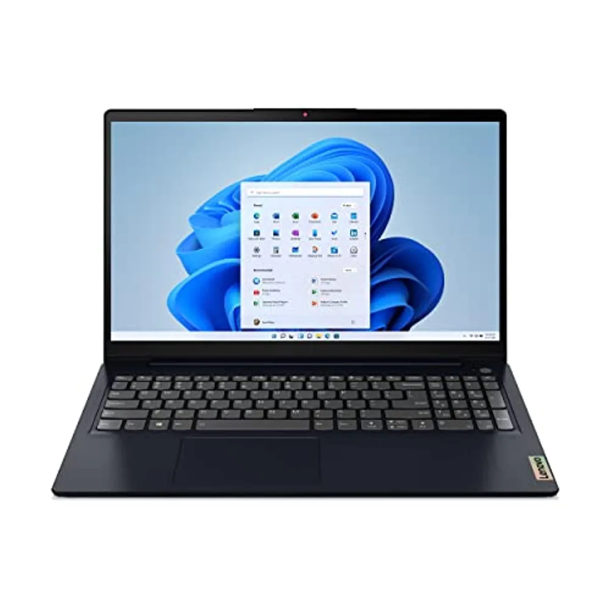 Lenovo IdeaPad 3 laptop in Abyss Blue finish, 15.6 inch FHD display with narrow bezels, webcam privacy shutter visible