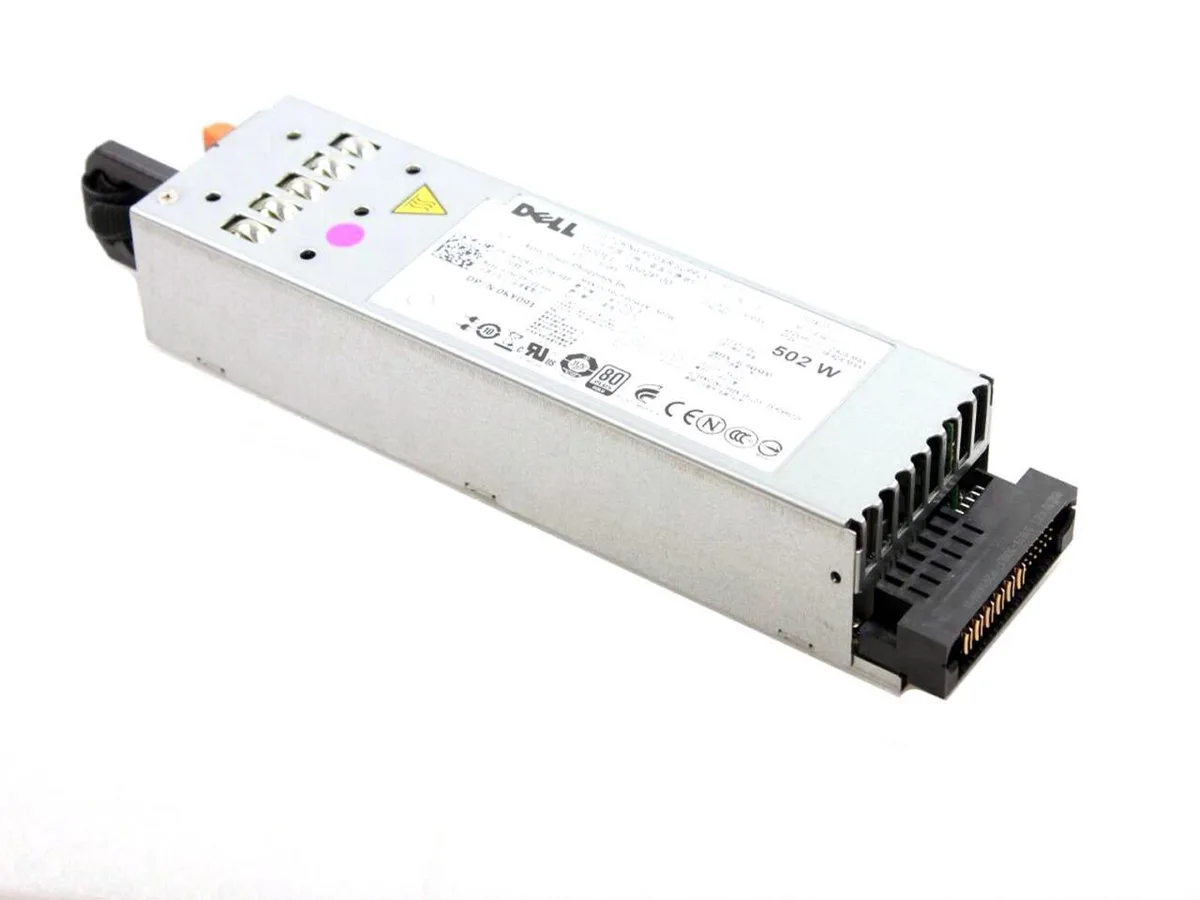 Rectangular silver server power supply unit with ventilation grille and power connector